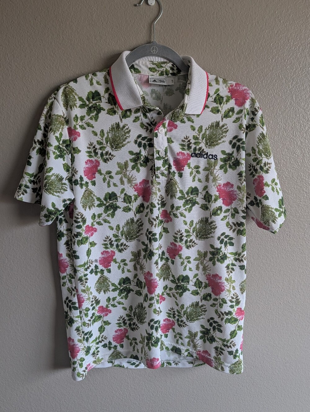 Adidas Japanese Floral Print Polo Golf Shirt Y2K Logo White Green Pink Size L